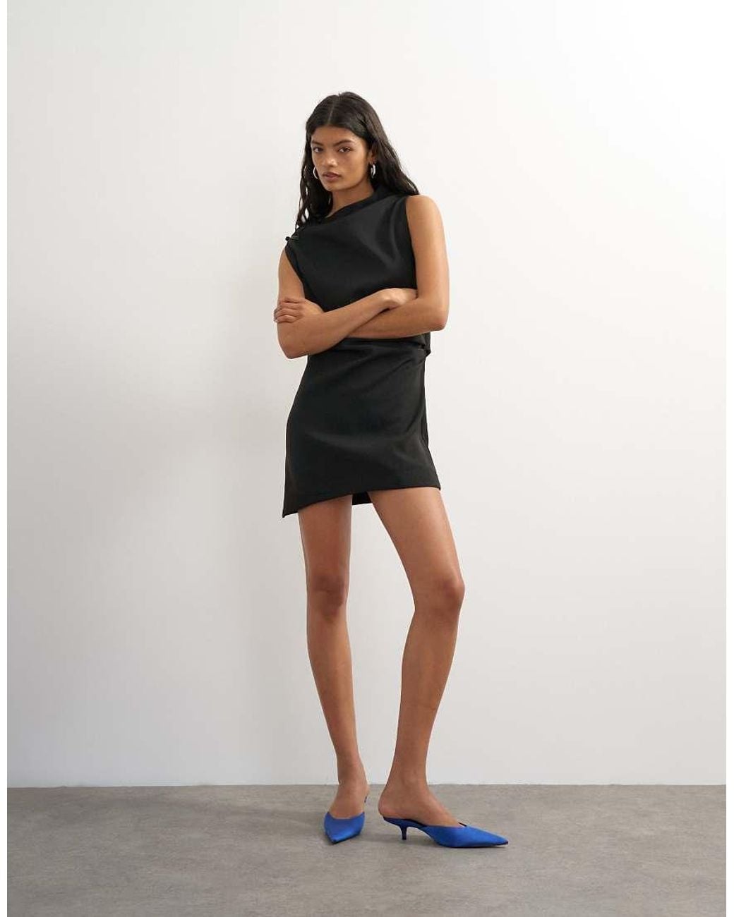TOPSHOP Black Heavy Crepe Asymmetric Mini Dress With Satin Shoulder Clasps