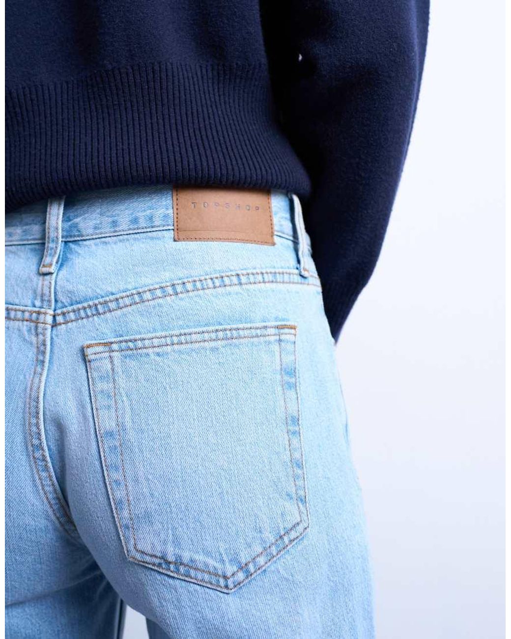 TOPSHOP Blue Runway Mid Rise Straight Cropped Jean With Let Down Hem Detail