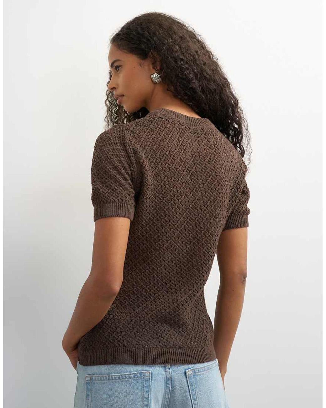TOPSHOP Brown Knitted Short Sleeve Mandarin Collar Cardigan