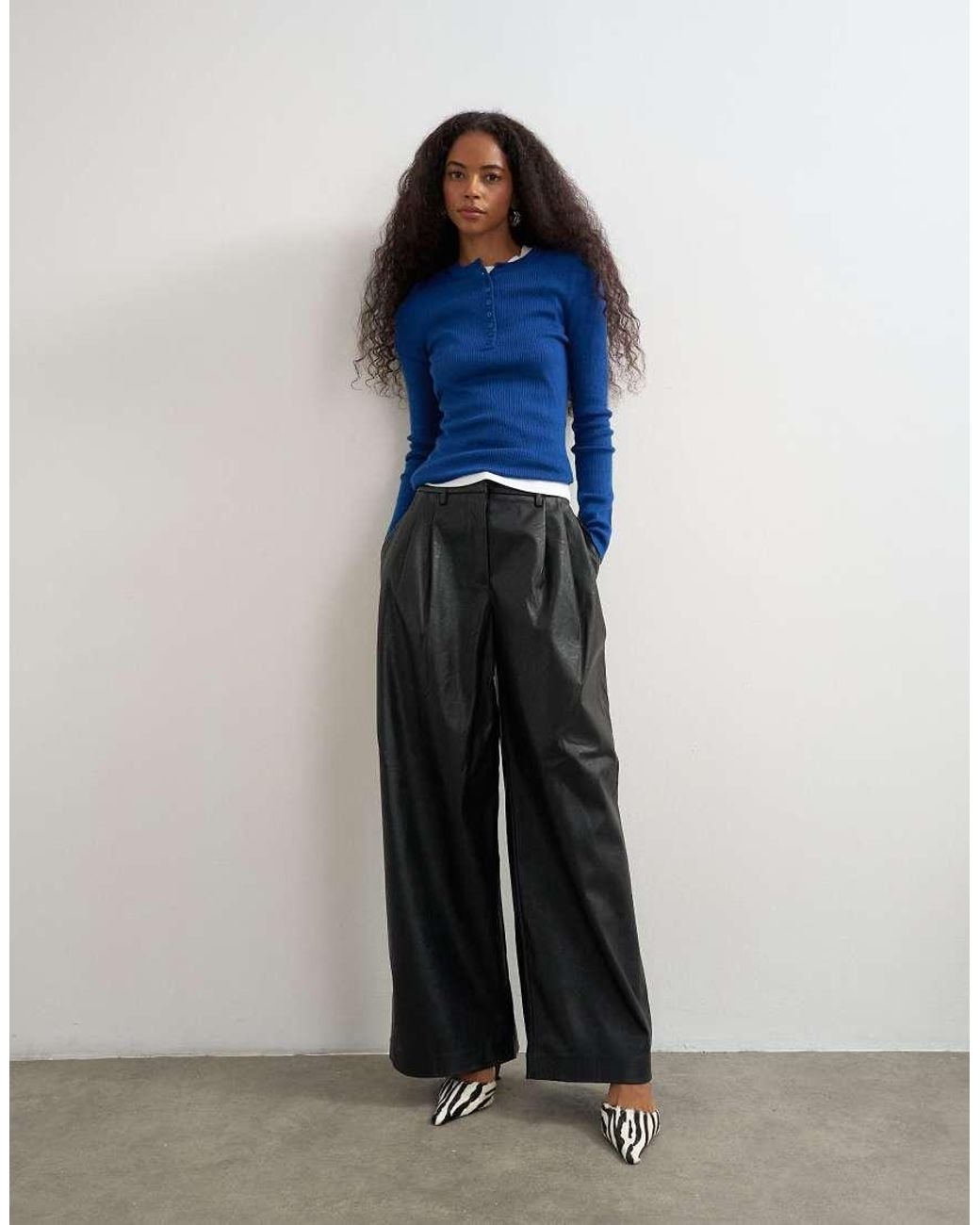 TOPSHOP Blue Faux Leather Pleated Trouser