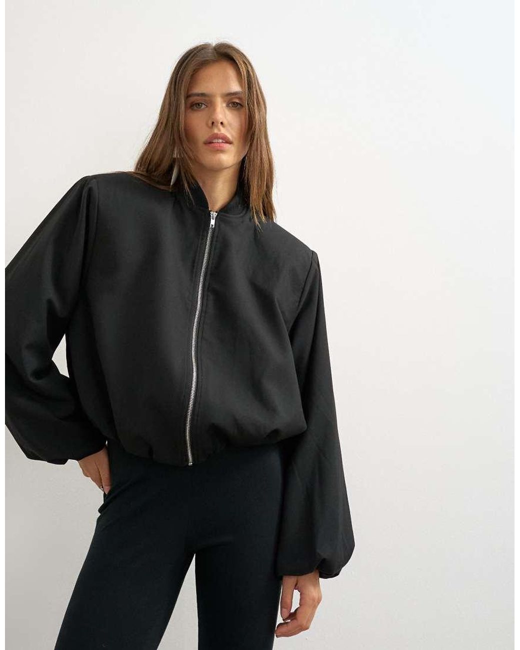 TOPSHOP Black Oversized Zip Up Bomber Jacket