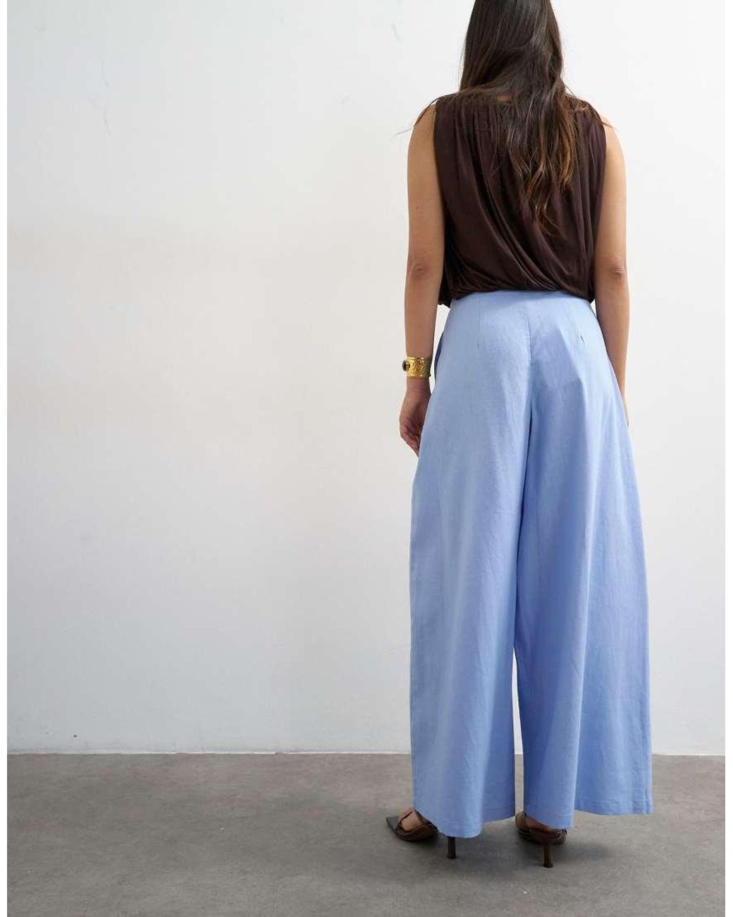 TOPSHOP Blue Linen A Line Wide Leg Trouser