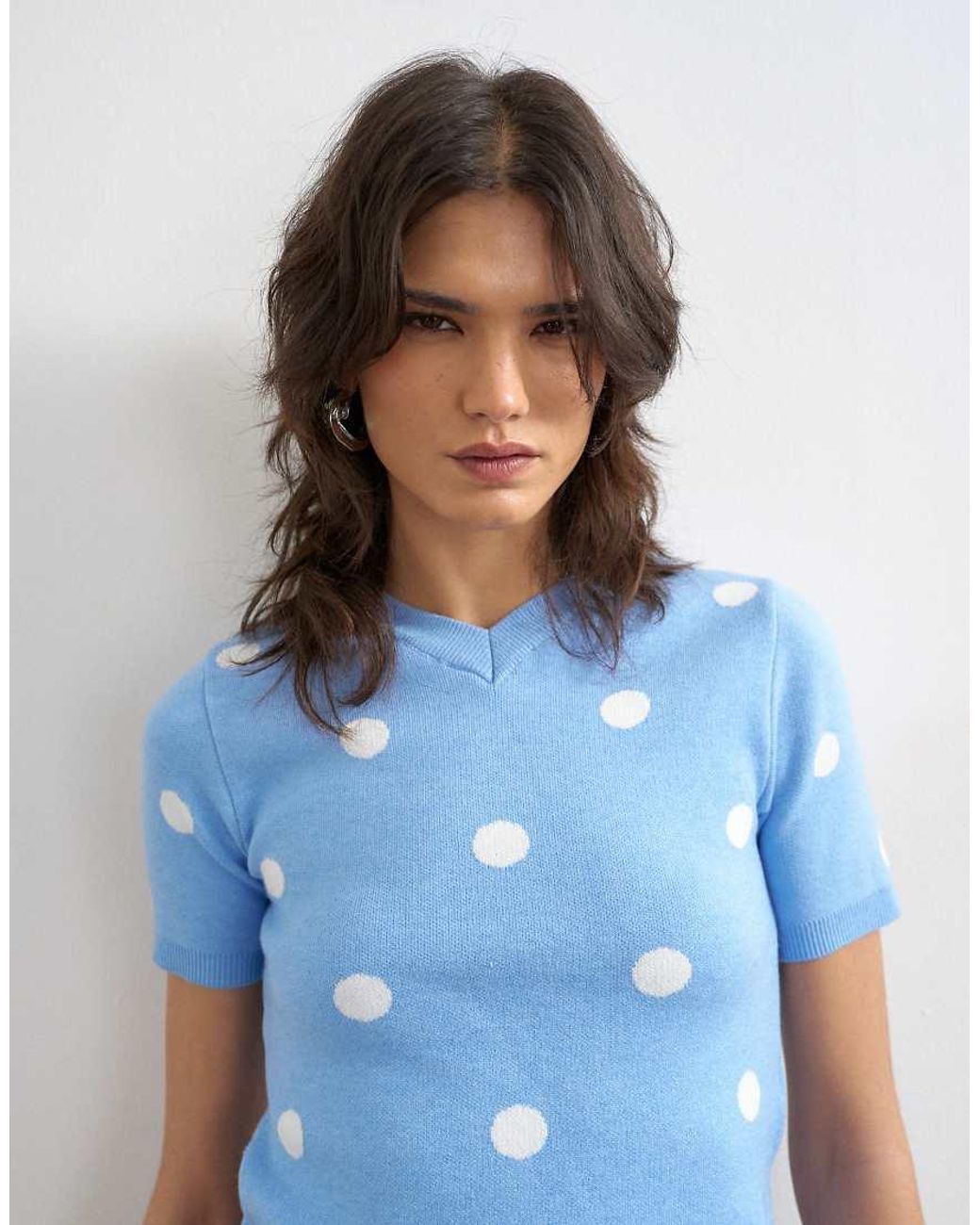TOPSHOP Blue Knitted Spot High V Neck Top