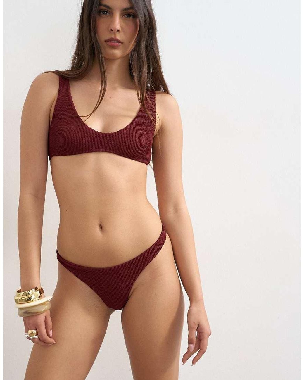TOPSHOP Brown Tara Crinkle Thong Bikini Bottom