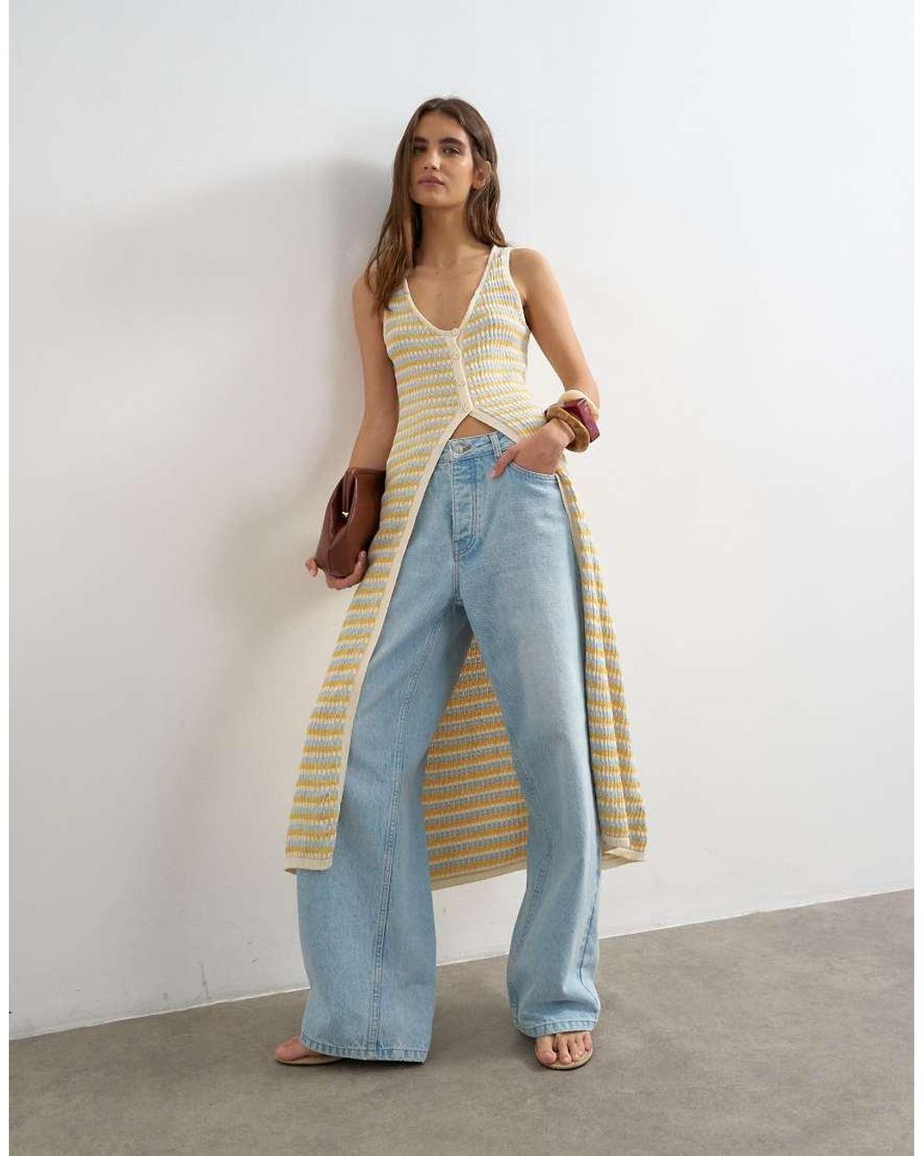 TOPSHOP Blue Knitted Pleated Long Line Cardi