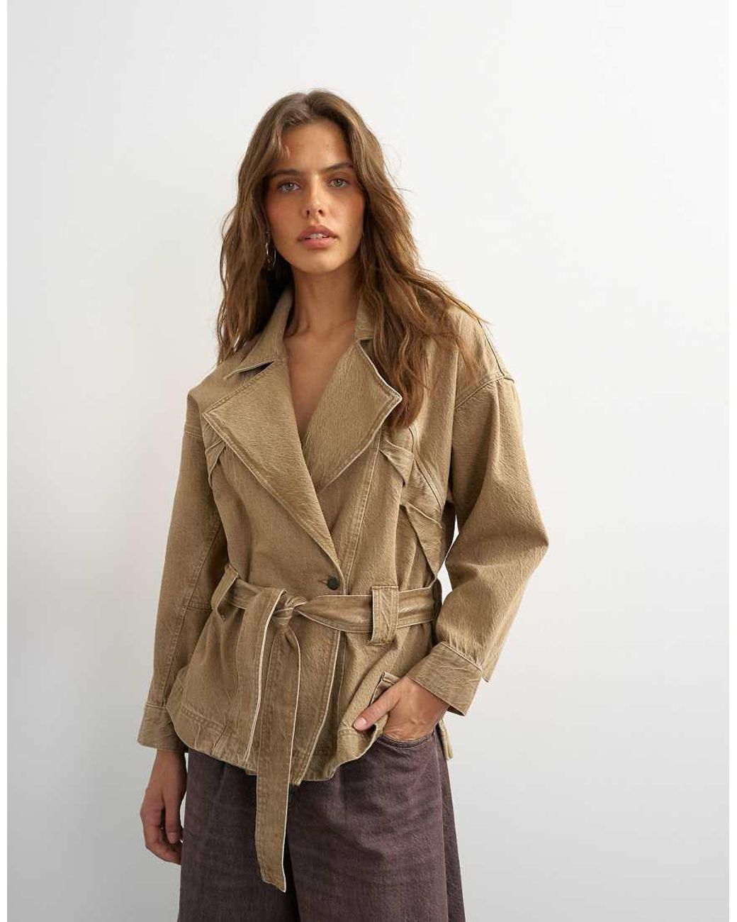 TOPSHOP Natural X Cara Denim Cropped Trench Jacket