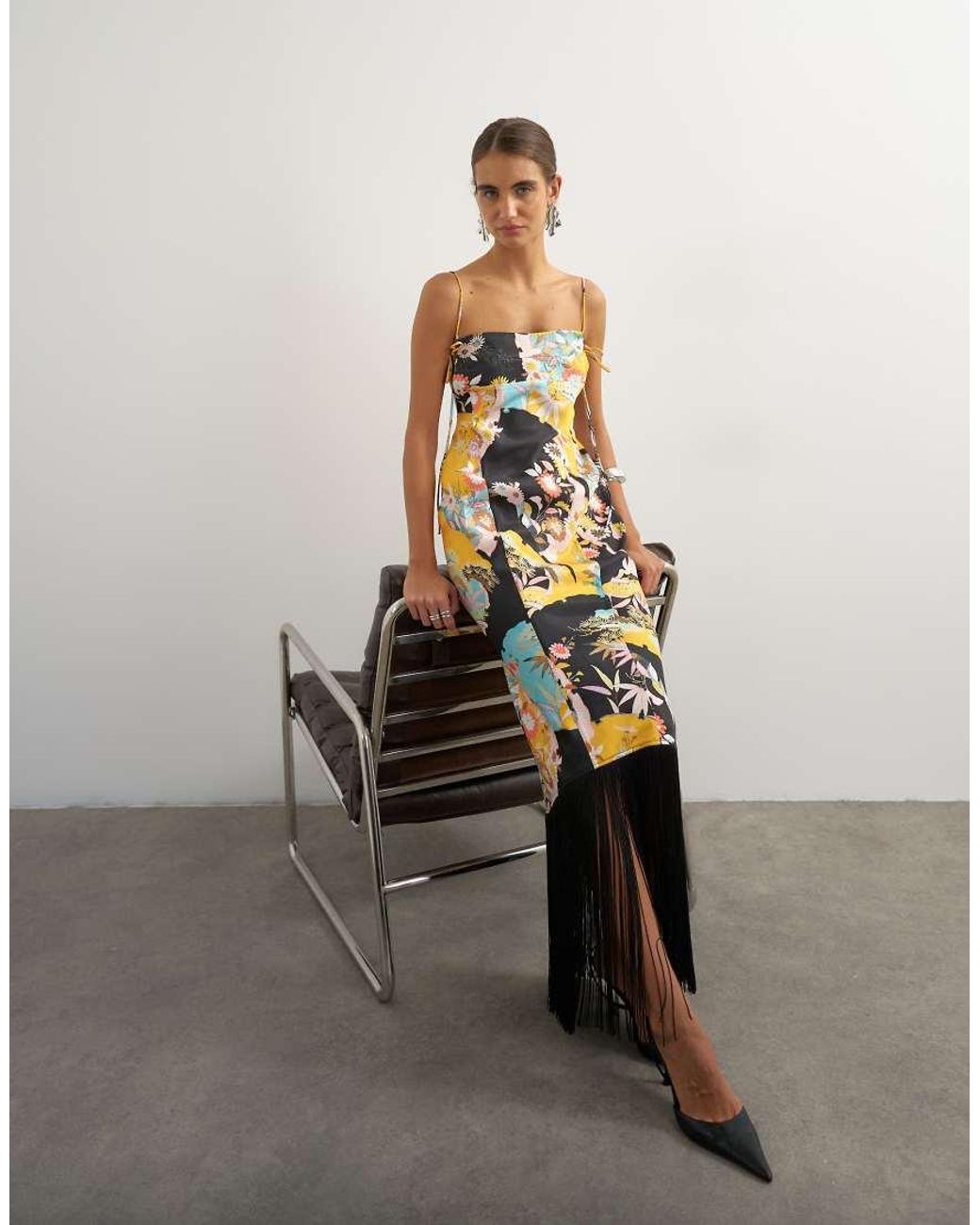 TOPSHOP Multicolor Satin Strappy Square Neck Maxi Dress With Fringed Hem