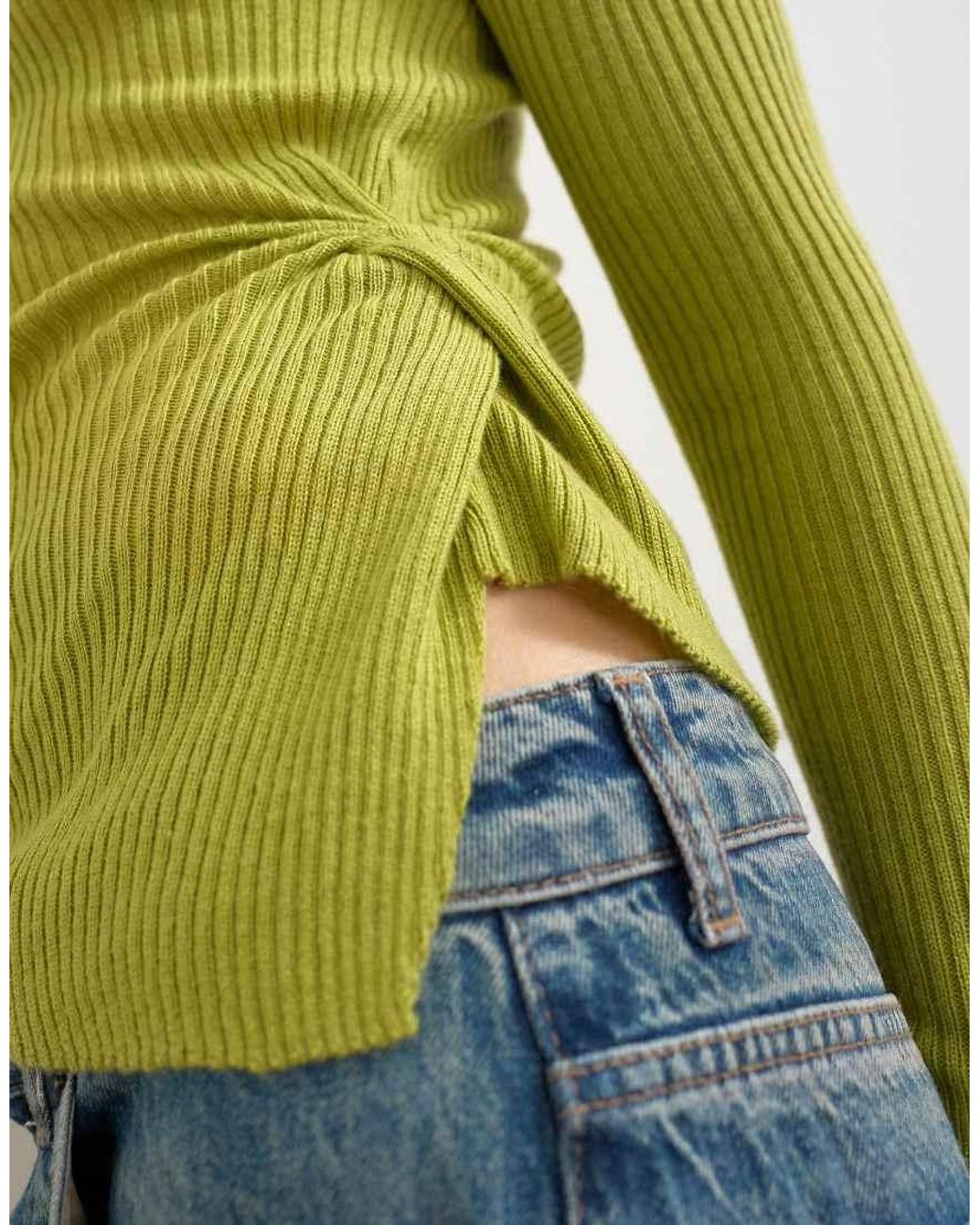 TOPSHOP Green Knitted Side Twist Polo Top With Wool