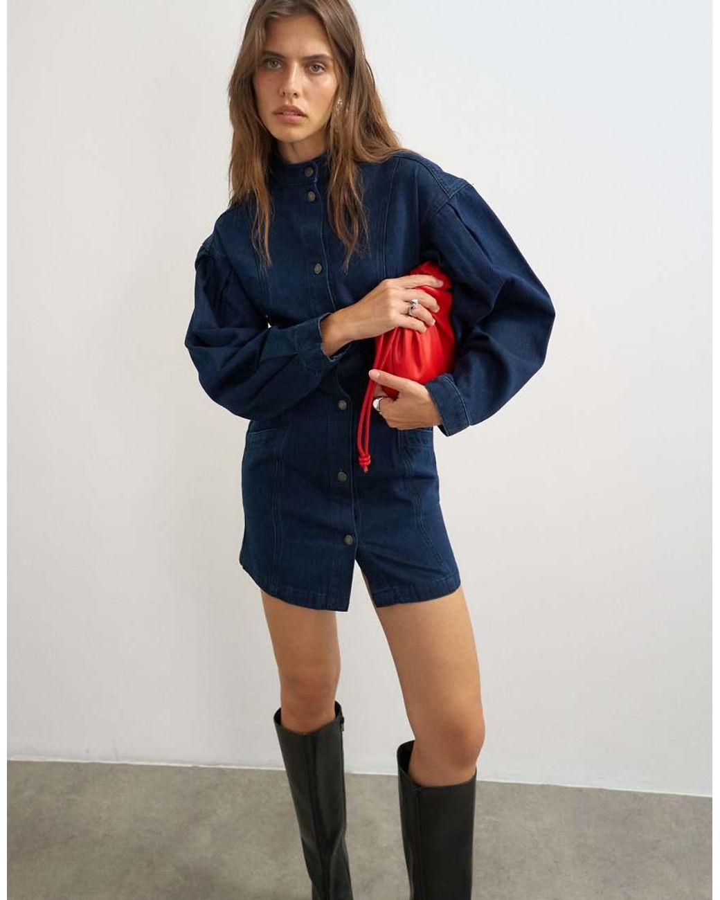 TOPSHOP Blue Balloon Sleeve Mock Neck Mini Dress