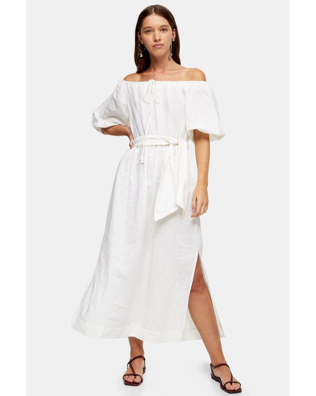 white linen bardot dress