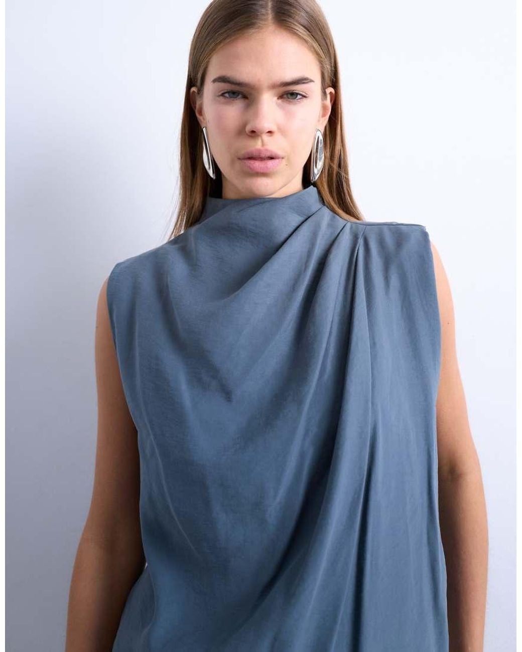 TOPSHOP Blue Cupro Asym Hem Draped Tunic Top