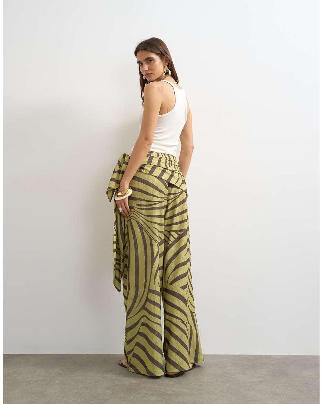 TOPSHOP White Animal Plisse Wrap Scarf Detail Trousers