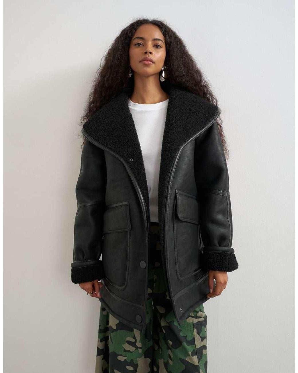 TOPSHOP Black Faux Leather Shearling Jacket With Patch Pockets