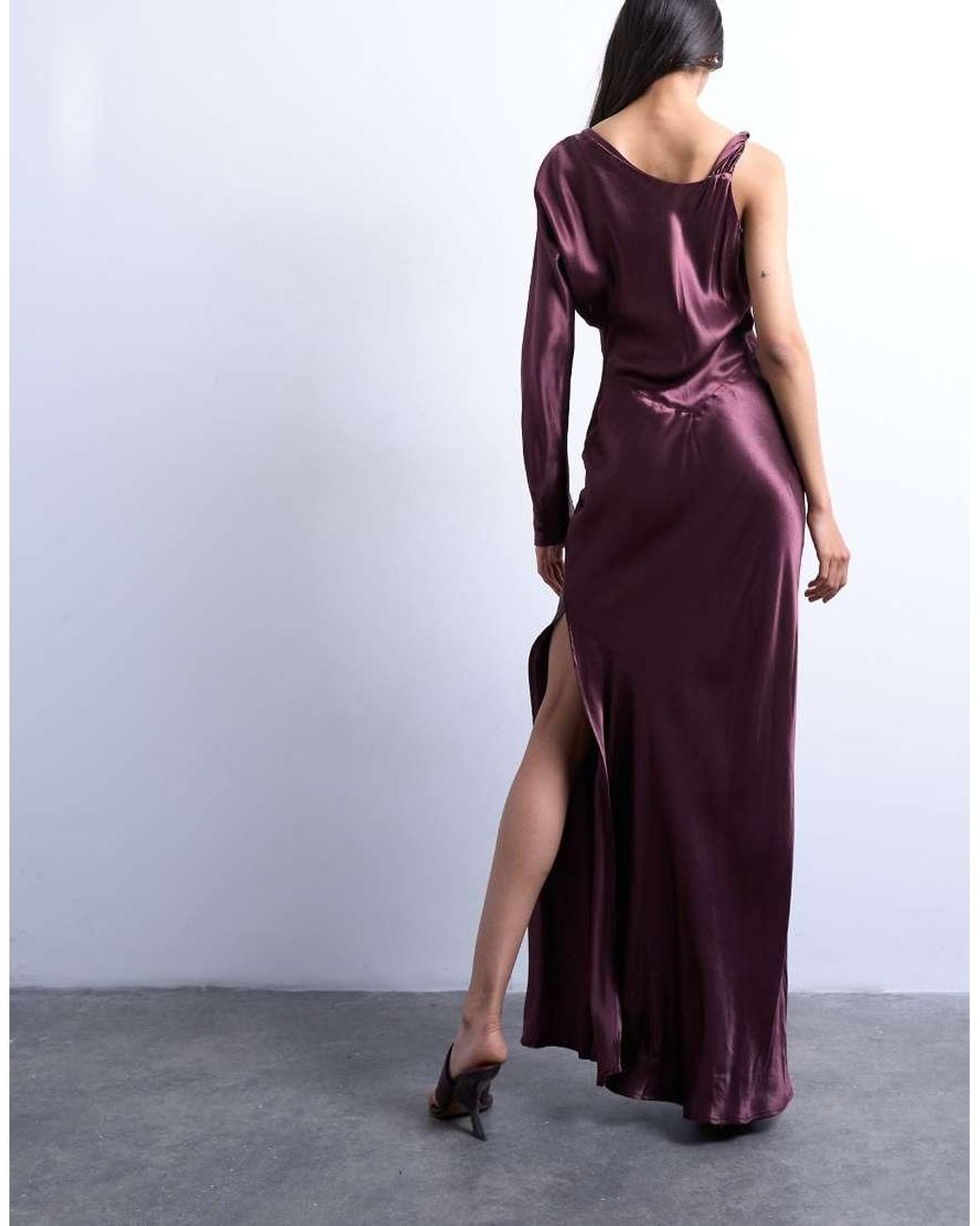 TOPSHOP Purple One Sleeve Twist Strap Satin Maxi Dress