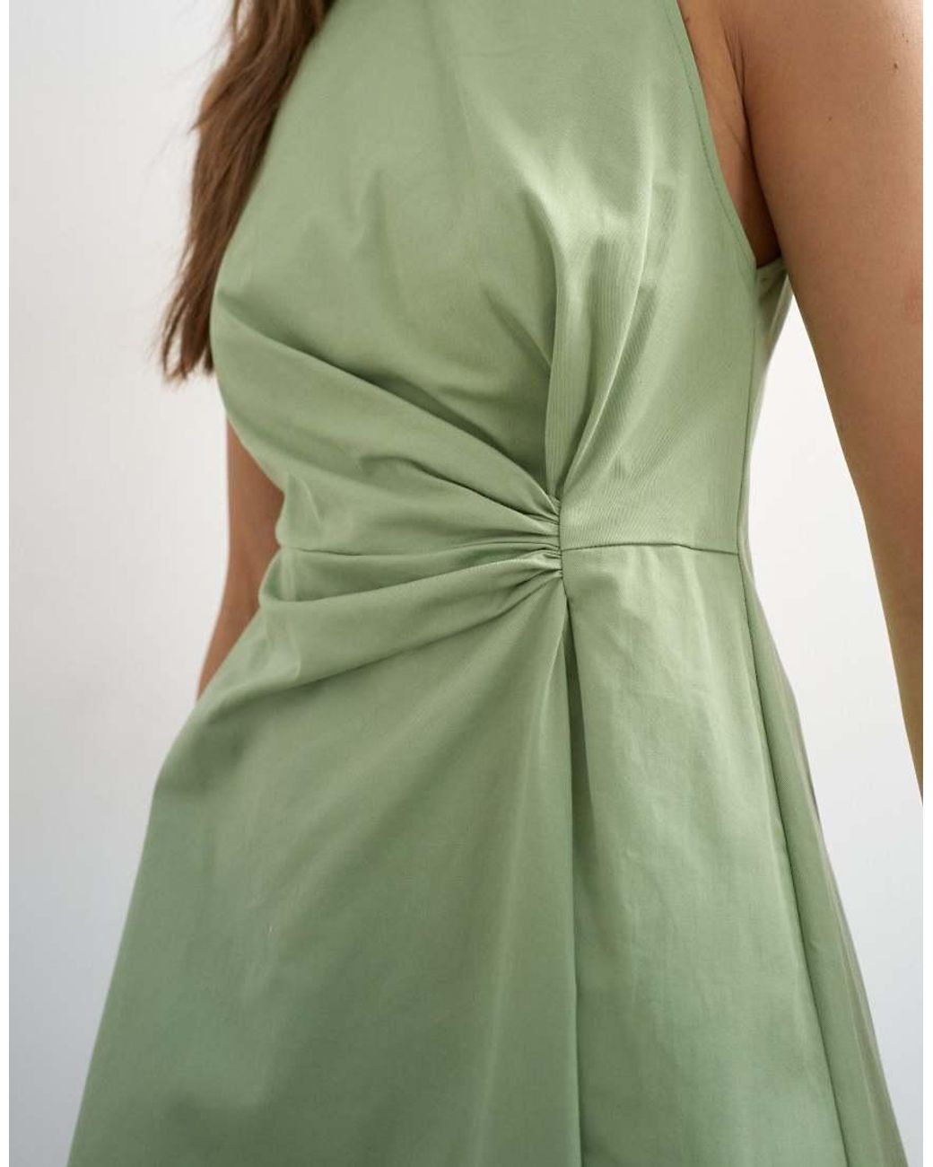 TOPSHOP Green Cotton Twill Racer Neck Maxi Dress With Tuck Side Detail
