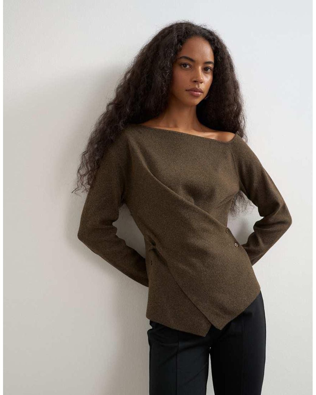 TOPSHOP Brown Knitted Cinch Twist Top