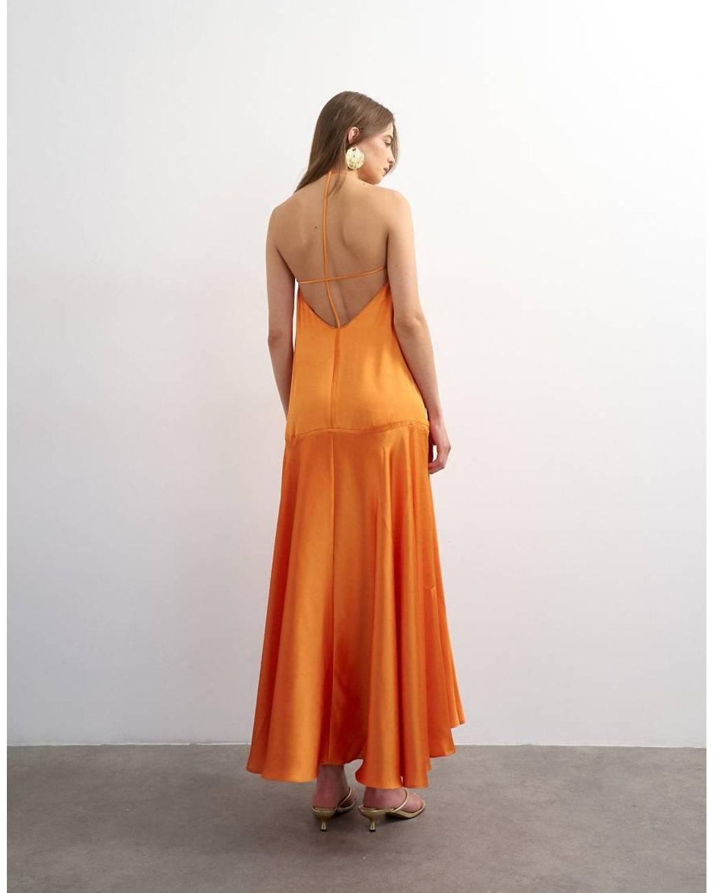 TOPSHOP Orange Satin Seamed Maxi Dress With Piped Edges