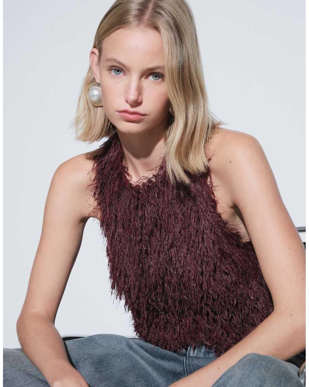 TOPSHOP Red Fringe Halterneck Top