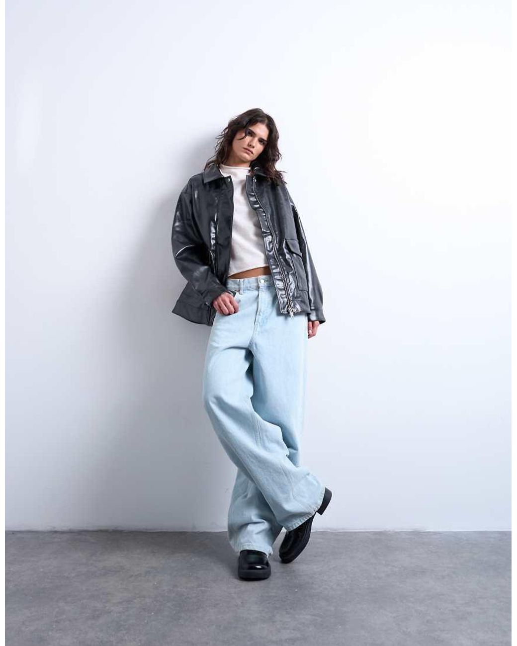 TOPSHOP Blue Faux Leather Shiny Mottled Patch Pocket Shacket