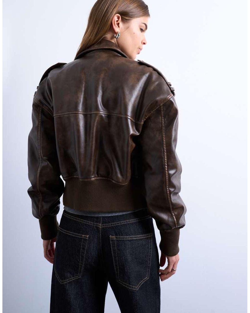 TOPSHOP Gray Faux Leather Ovoid Sleeve Bomber Jacket