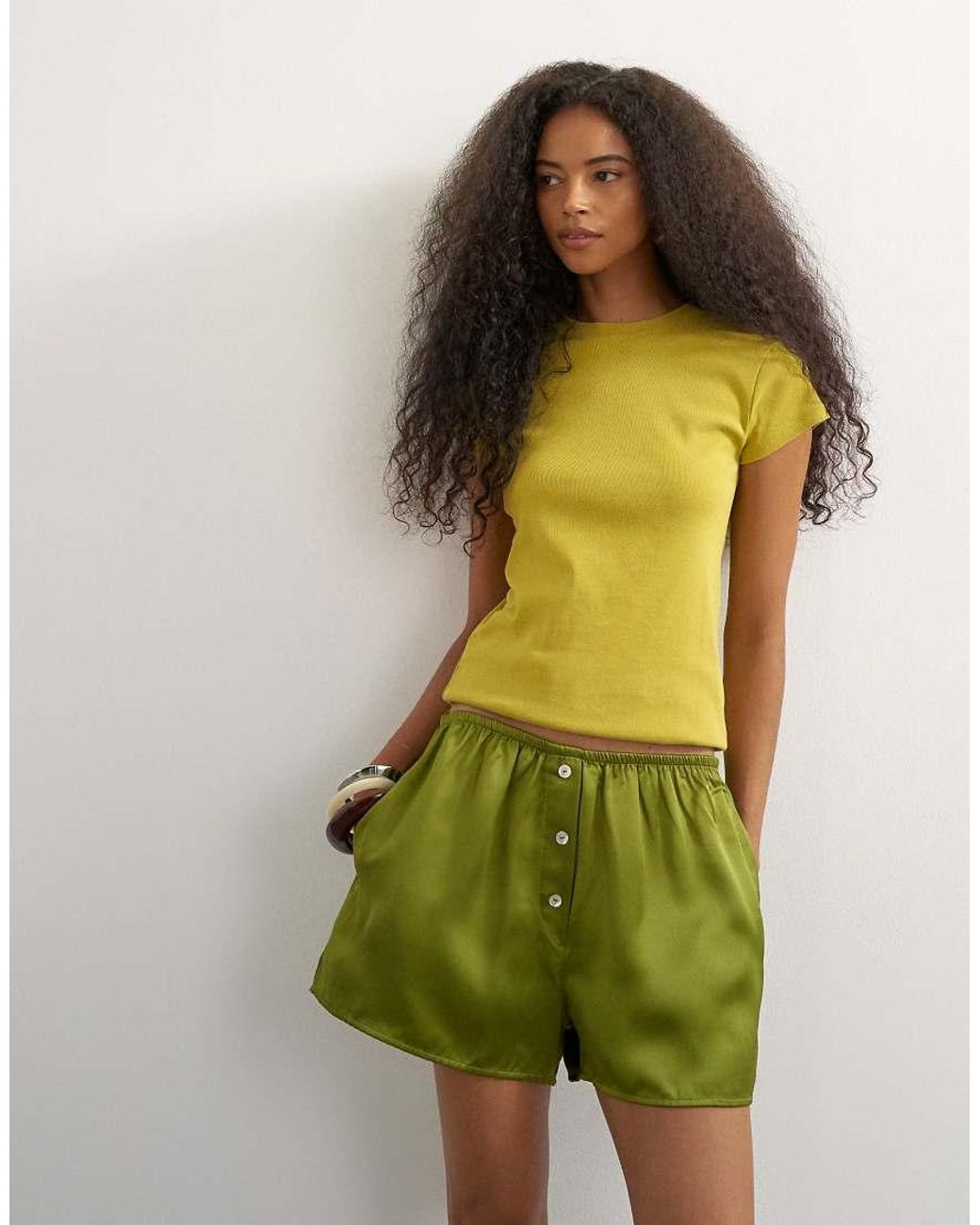 TOPSHOP Green Satin Button Detail Short