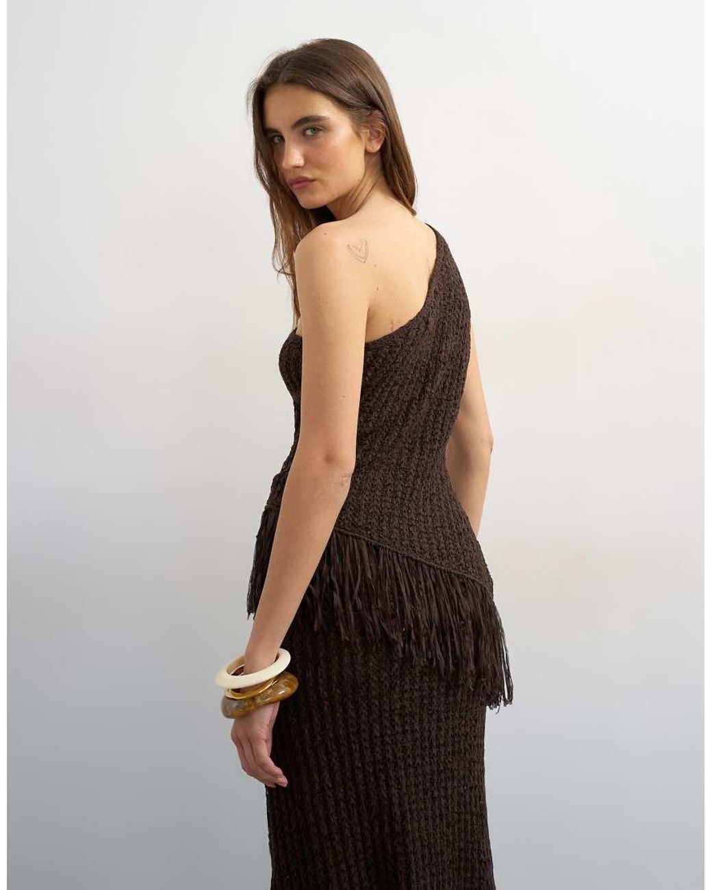 TOPSHOP Black Knitted One Shoulder Tape Yarn Co-Ord Fringing Top