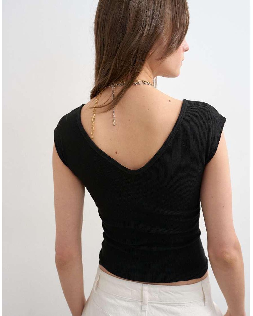 TOPSHOP Black Rib V-Neck Cap Sleeve Tank