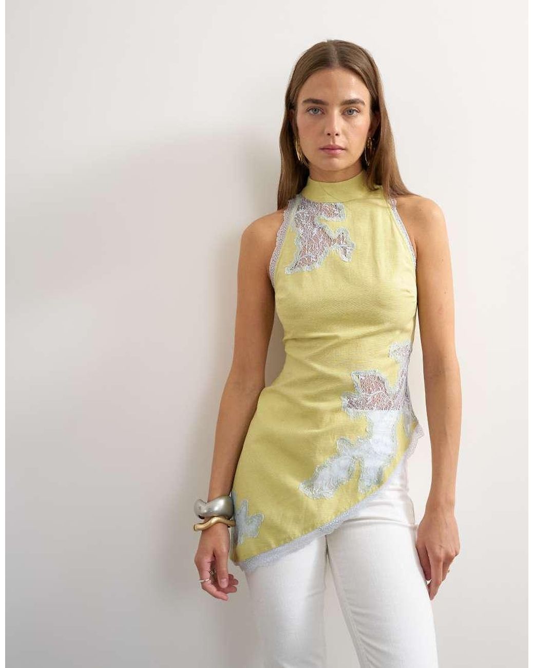 TOPSHOP Green Premium Halter Neck Top With Contrast Lace Detail