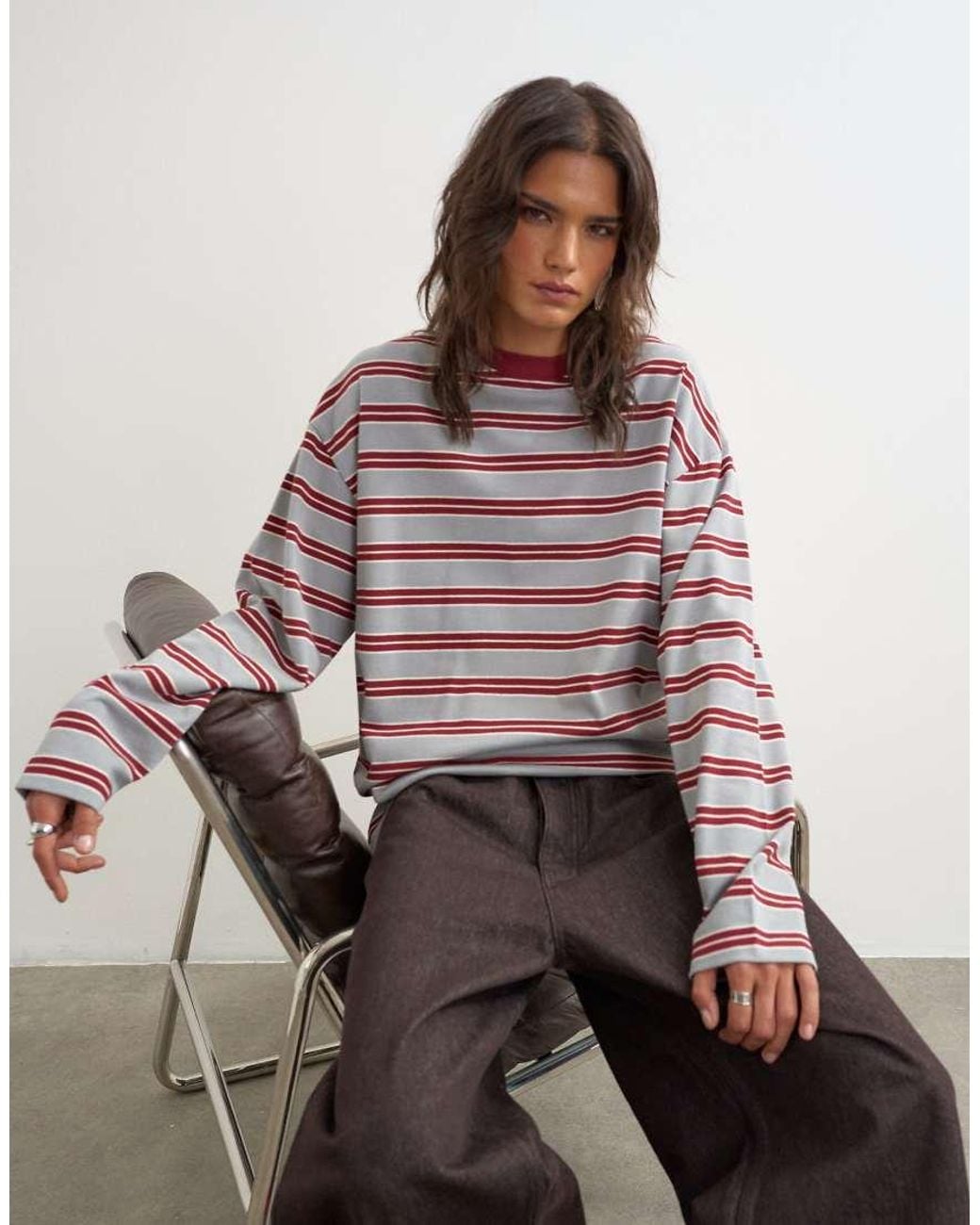 TOPSHOP Brown Stripe Long Sleeve Slouchy Skater Tee
