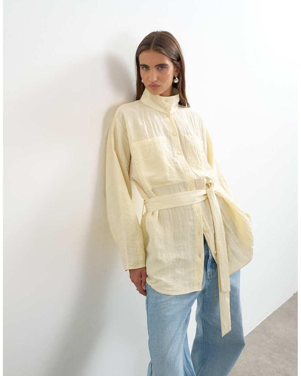 TOPSHOP White Tie Waist Funnel Neck Tunic Top