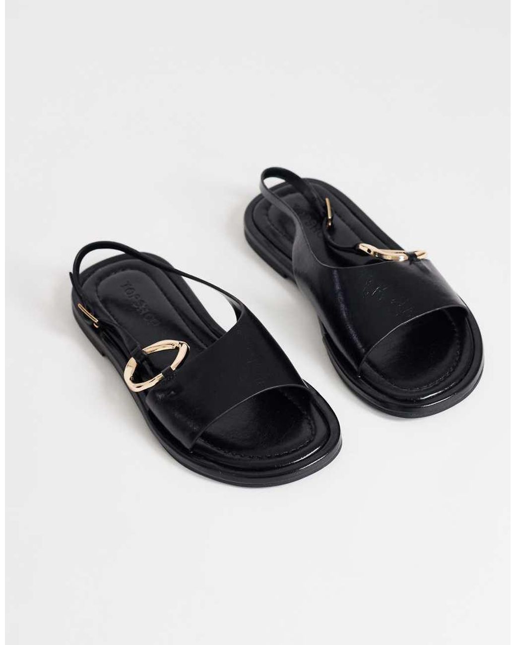 TOPSHOP Black Mandy Round Toe Flat Sandal With Hardware