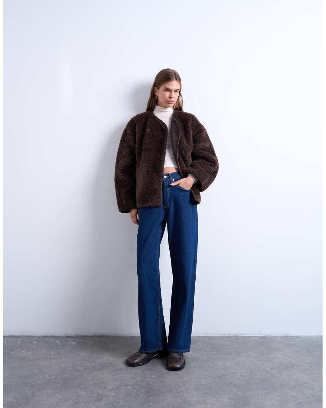 TOPSHOP Brown Ovoid Short Shearling Double Breasted Jacket