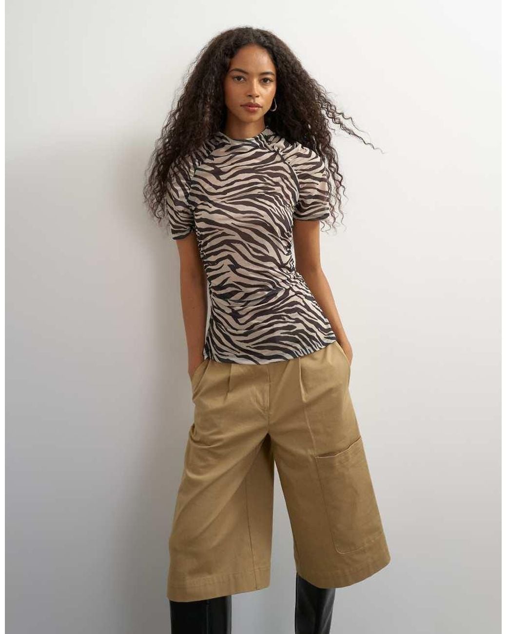 TOPSHOP Brown Mesh Ruched Sleeve Top