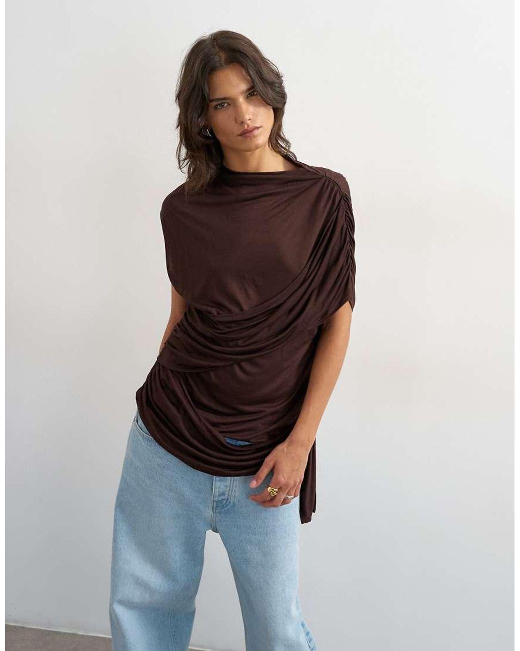 TOPSHOP Brown Draped Wrap High Cap Sleeve Top