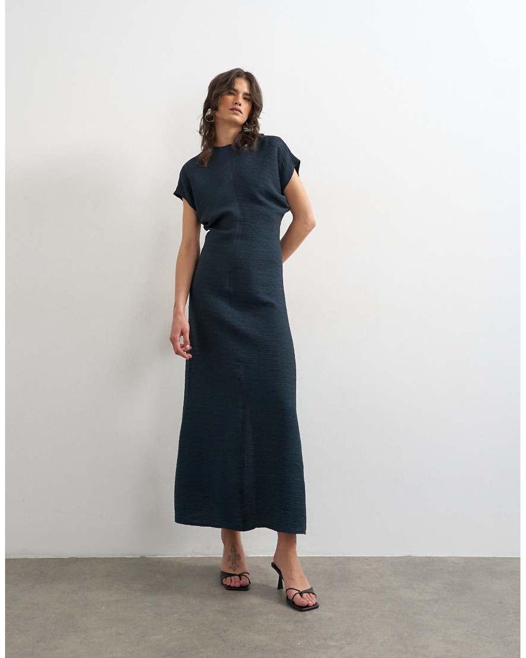 TOPSHOP Blue Drop Shoulder Blouson Waist Crinkle Maxi Dress