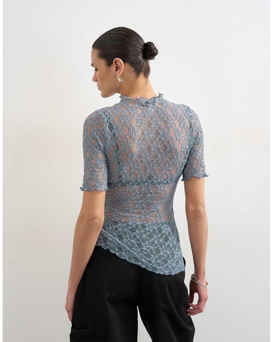 TOPSHOP Gray Lace Fitted High Neck Half Sleeve Top