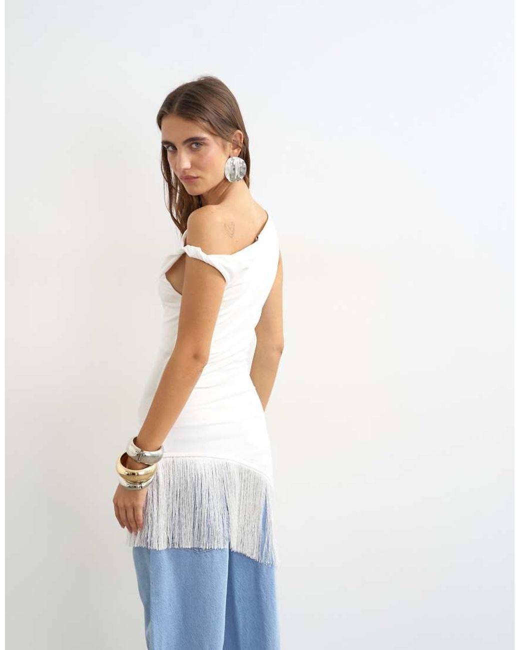 TOPSHOP White Fringe Hem Asymmetric Top
