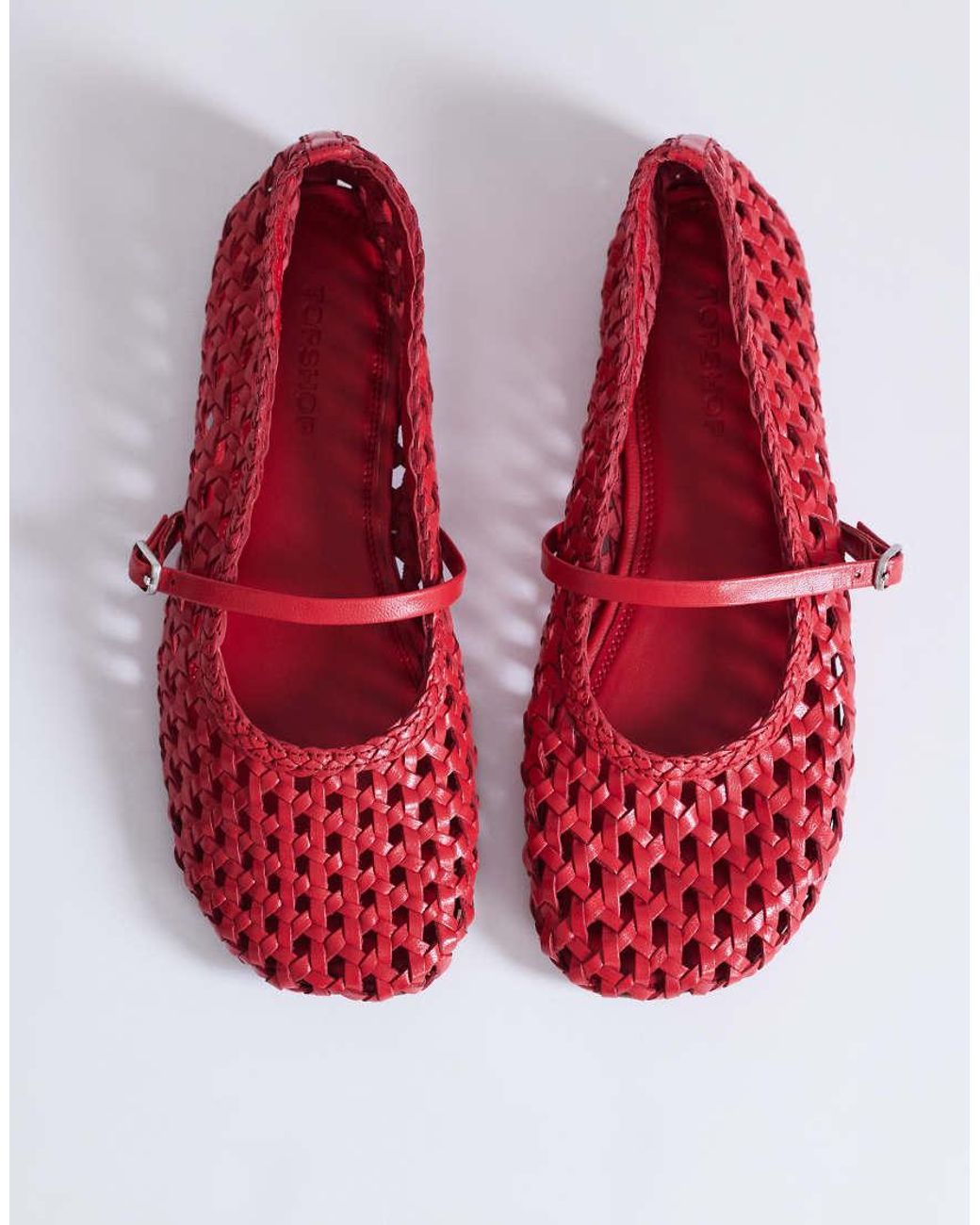 TOPSHOP Red Bobbi Leather Woven Ballet Flats