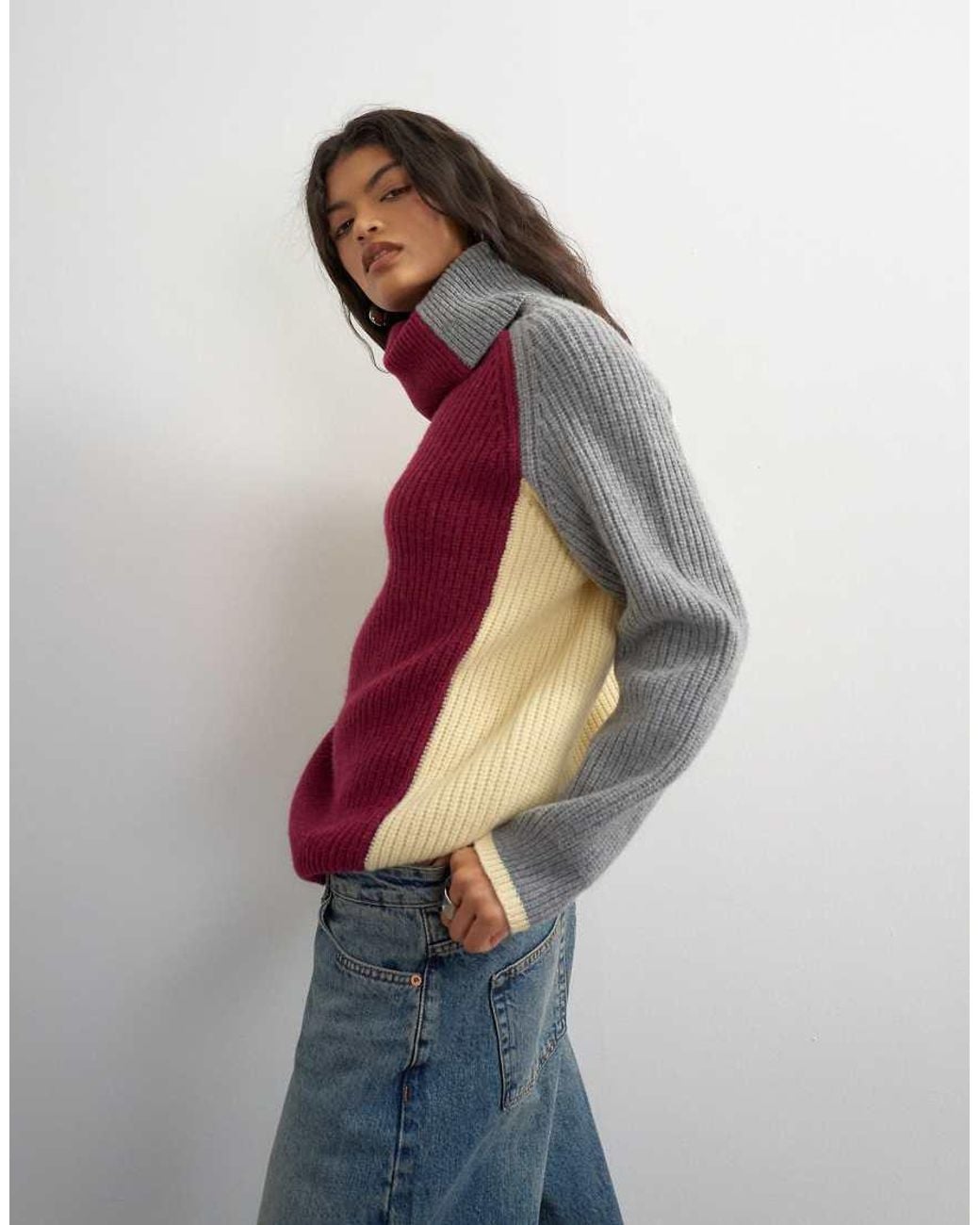 TOPSHOP Multicolor Knitted Premium Pure Lambswool Colour Block High Neck Jumper