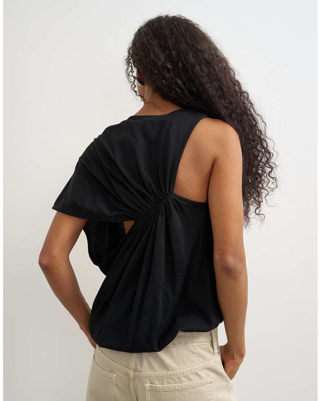 TOPSHOP Black Asymmetric Ruched Back Tee