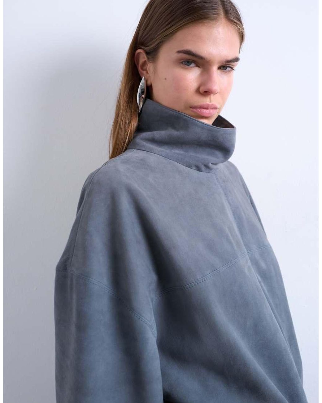 TOPSHOP Blue Real Suede Funnel Neck Cinch Waist Long Sleeve Mini Dress