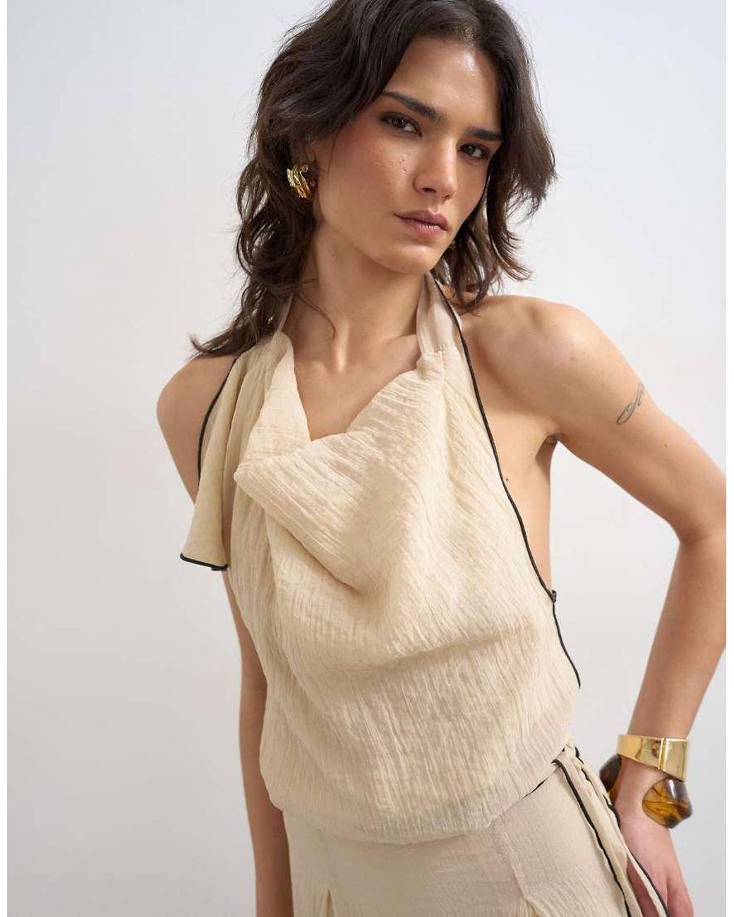 TOPSHOP Natural Tie Waist Halter Neck Maxi Dress With Contrast Trim