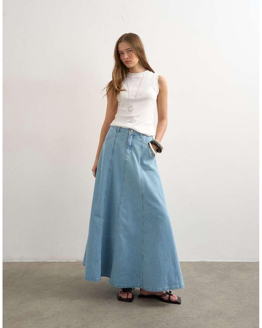 TOPSHOP Blue Denim Seamed Circle Skirt