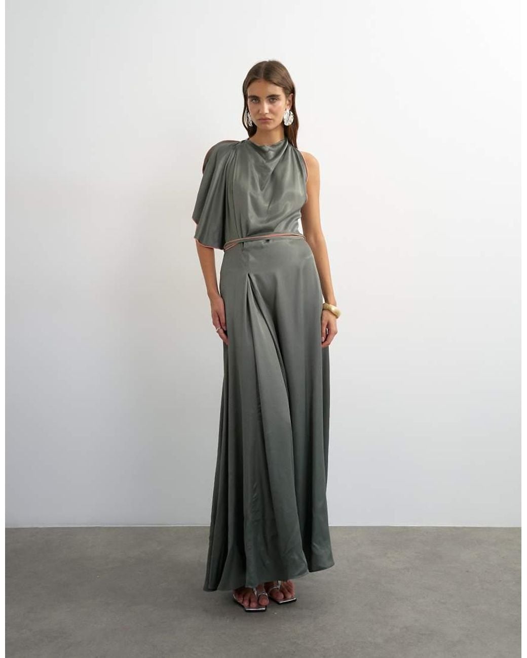 TOPSHOP Gray Satin High Cowl Neck Asymmetric Maxi Dress With Peach Contrast Trim