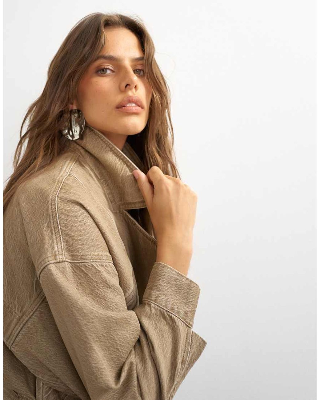 TOPSHOP Natural X Cara Denim Cropped Trench Jacket