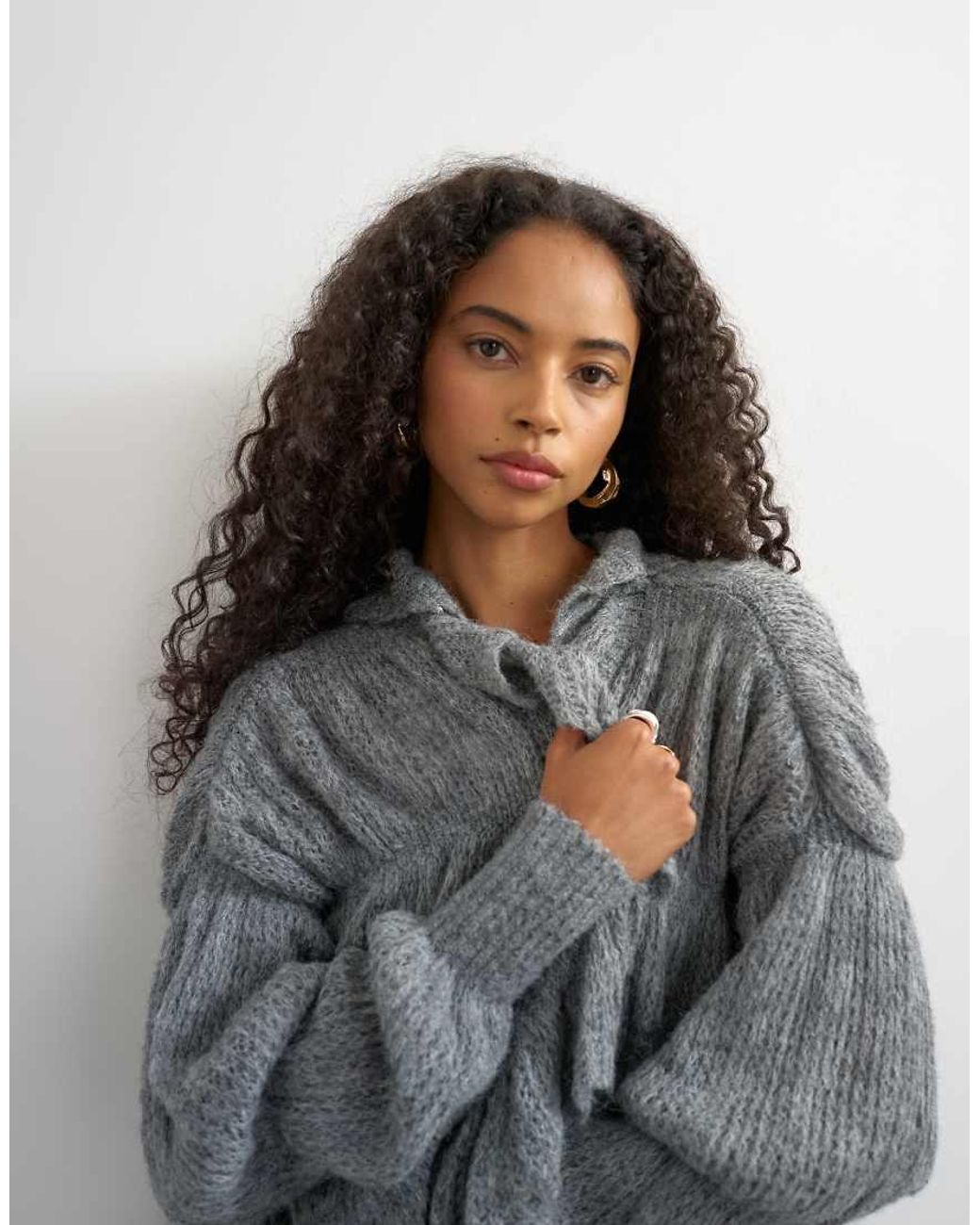 TOPSHOP Gray Knitted Frill Trim Hem Cardigan With Wool