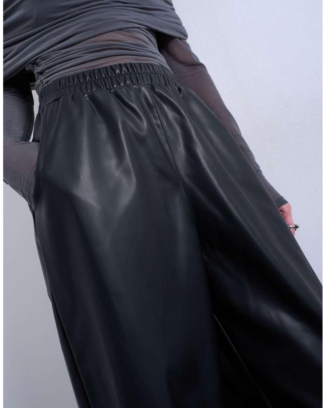 TOPSHOP Blue Faux Leather Awkward Length Pull On Trouser