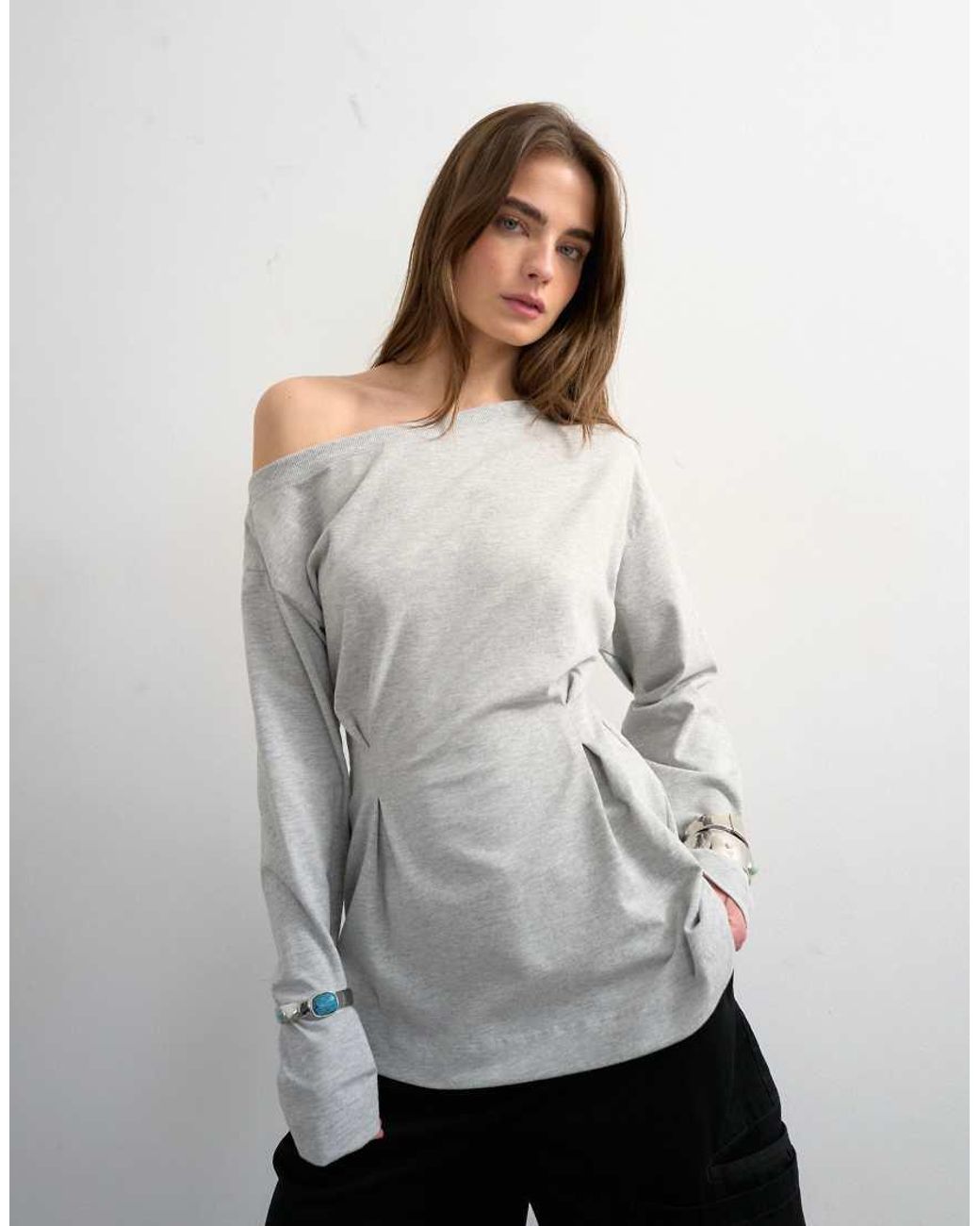 TOPSHOP Gray Cinch Off The Shoulder Top