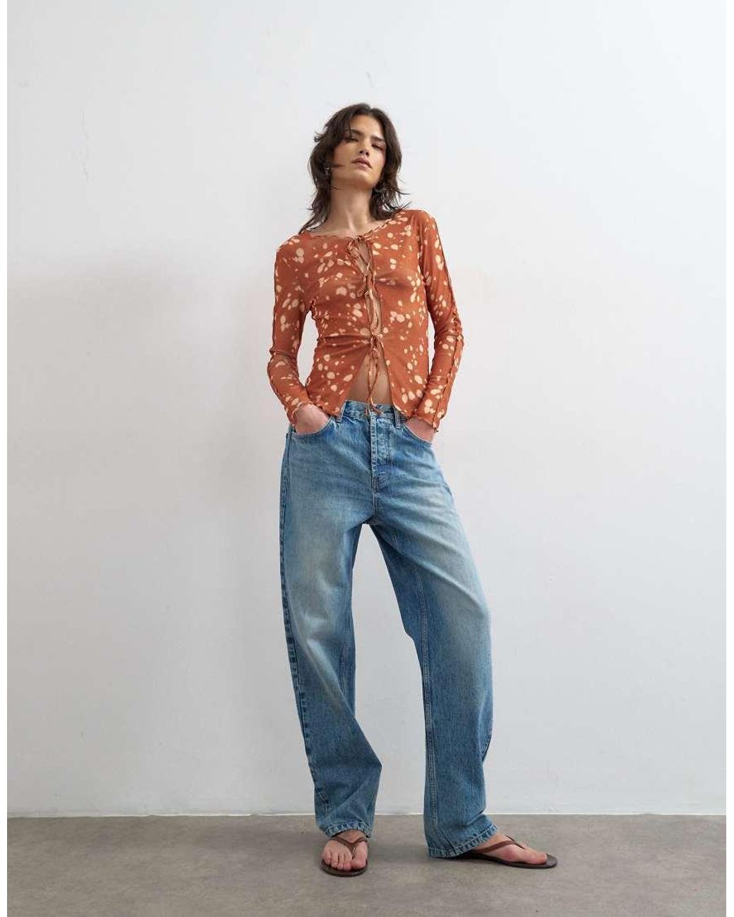 TOPSHOP Brown Mesh Tie Front Long Sleeve Top