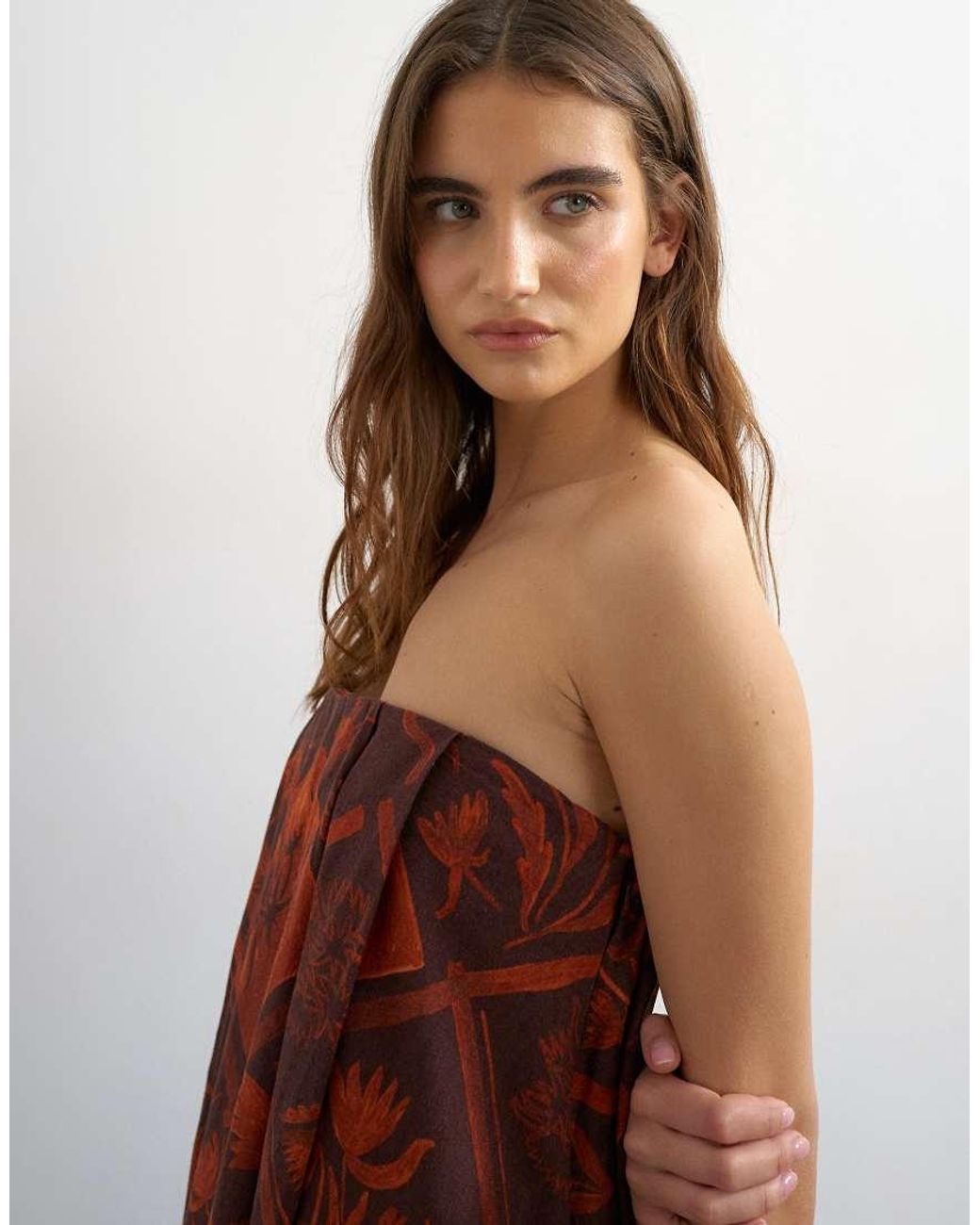 TOPSHOP Brown Linen Rich Full Trapeze Bandeau Mini Dress
